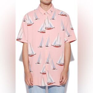 Barney Cools Hawaiian Shirt Large Pink Sailboats Pattern Short Sleeve Size XL